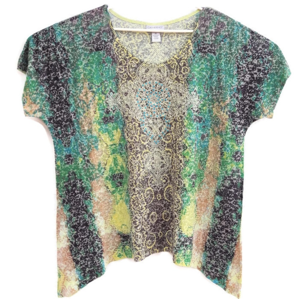 Vintage Catherines Top Shark Bite Hem Tie Dye Soft Rhinestones Mandela Pastel